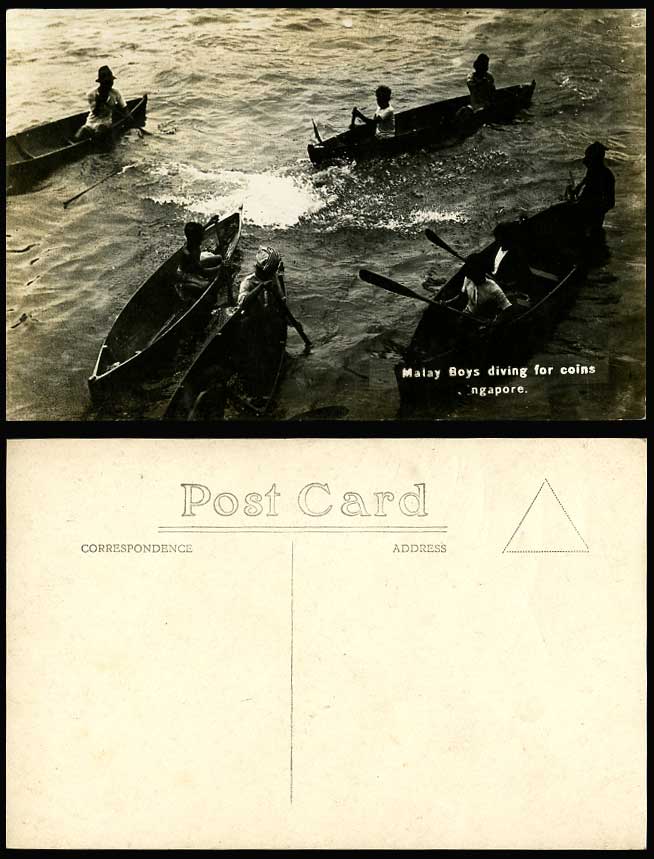 Singapore Old R.P. Postcard Native Malay Boys Diving For Coins Boats Ethnic Life