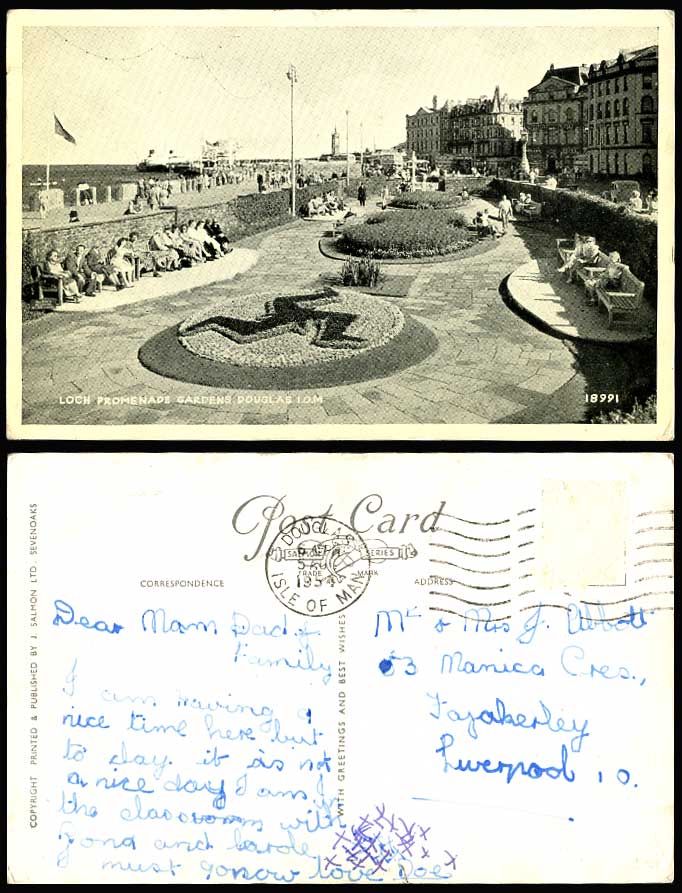 Isle of Man 1954 Old Postcard Douglas Loch Promenade Gardens Steamer Clock Tower