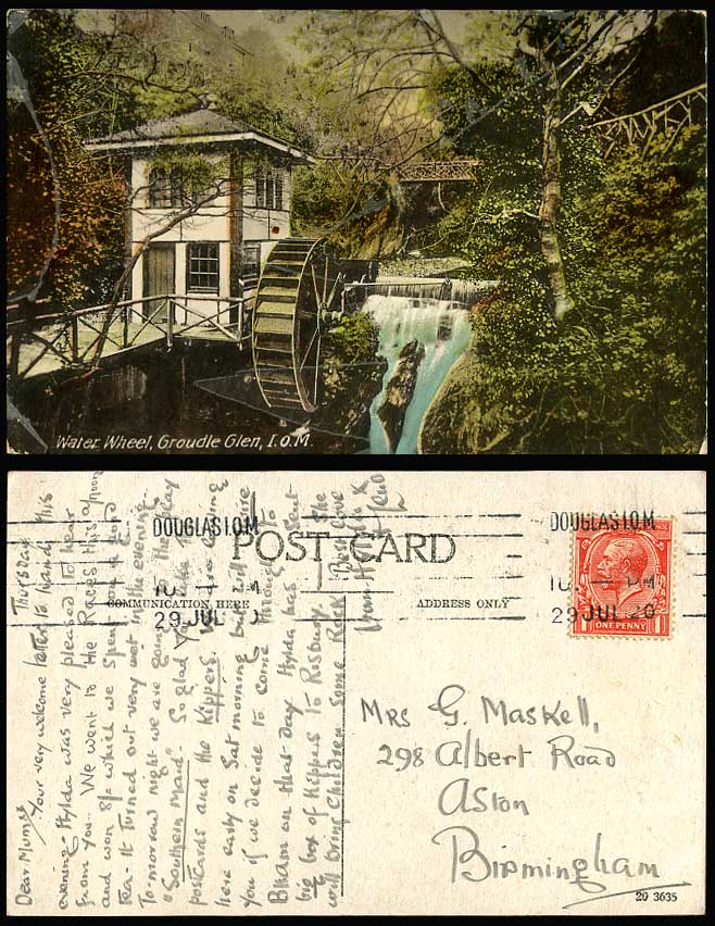 Isle of Man 1920 Old Colour Postcard Groudle Glen Water Wheel Mill Bridge Falls