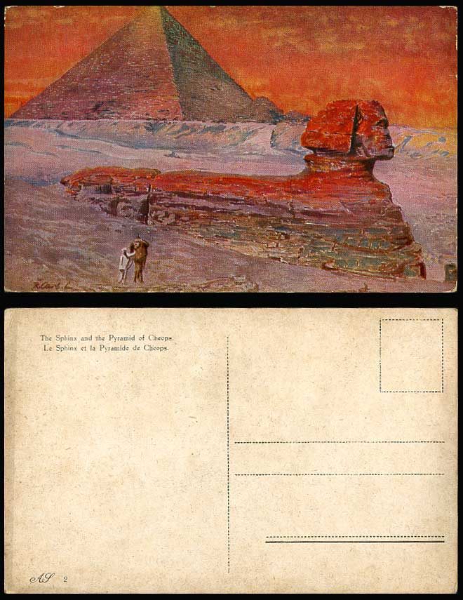 Egypt R. Carl Artist Signed Old Postcard Cairo Sphinx and Pyramid Cheops, Sunset