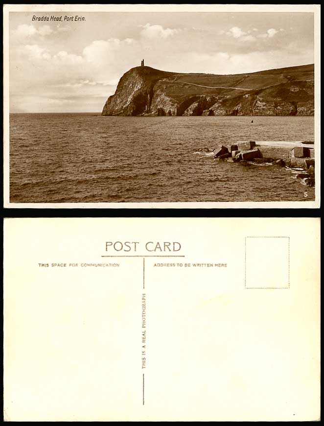 Isle of Man Bradda Head Port Erin Old Real Photo Postcard Tower on Cliffs, Rocks