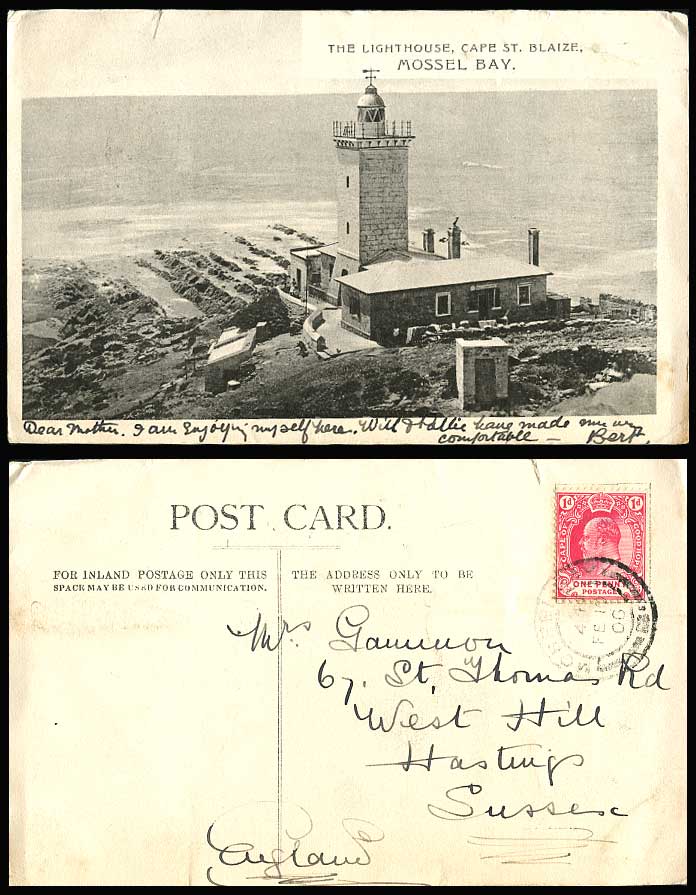 South Africa, The Lighthouse, Cape Saint St. Blaize Mossel Bay 1906 Old Postcard