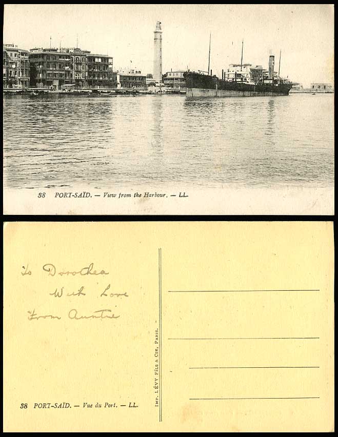 Egypt Old Postcard Port Said View from Harbour Lighthouse Steam Ship Boats LL 38