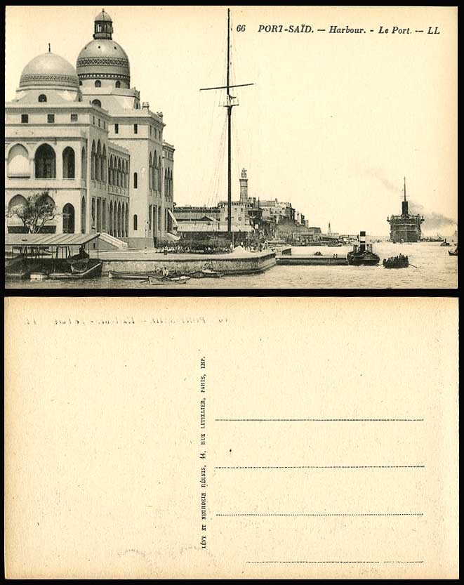 Egypt Old Postcard Port Said Harbour Le Port Lighthouse Ships Boats Quay L.L. 66