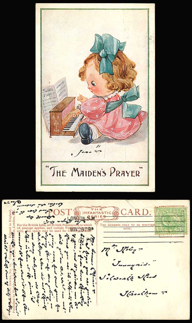The Maiden's Prayer Cute Girl Playing Piano Infantastic Series 1909 Old Postcard
