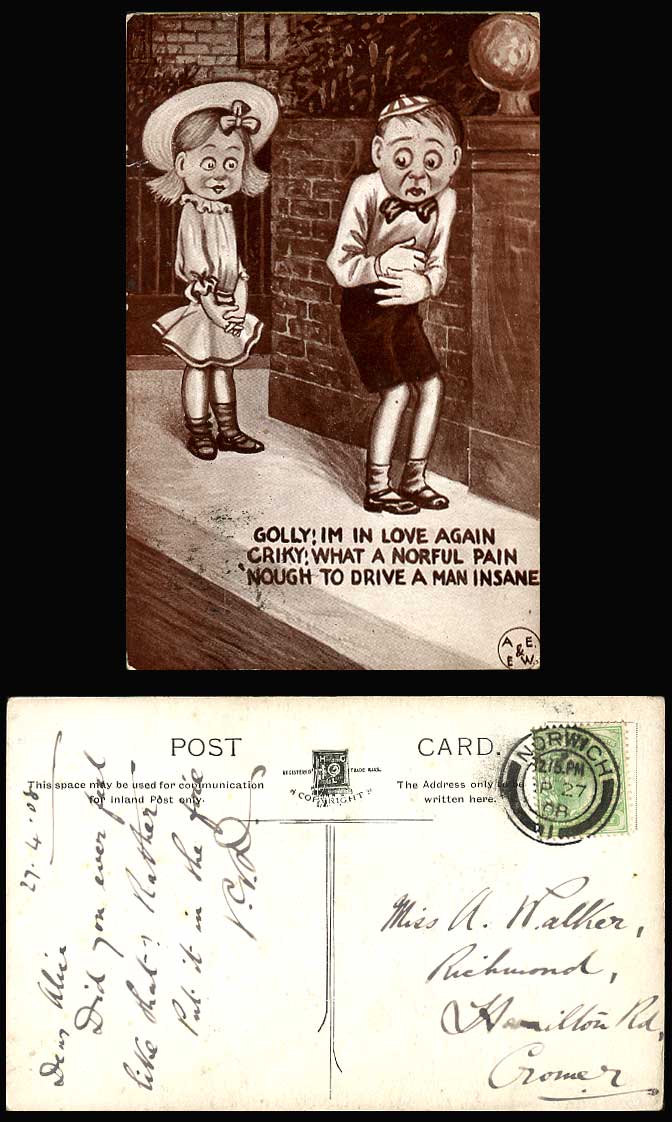 I'm in Love Again Pain Drive Man Insane Girl Boy, Comic Humour 1908 Old Postcard