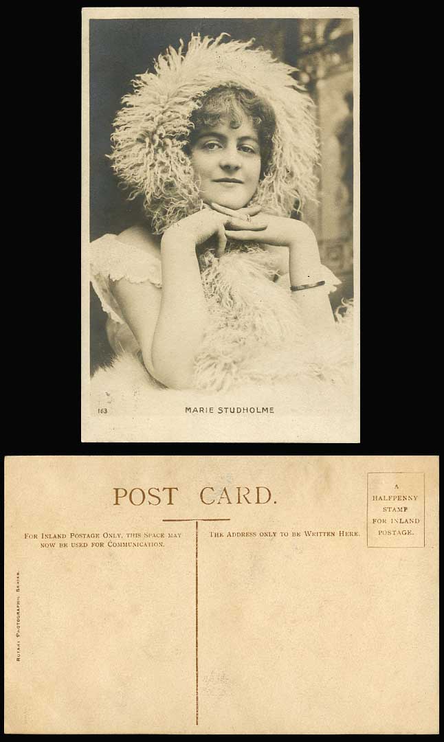 Edwardian Actress Miss MARIE STUDHOLME, Fur Hat & Scarf Old Real Photo Postcard