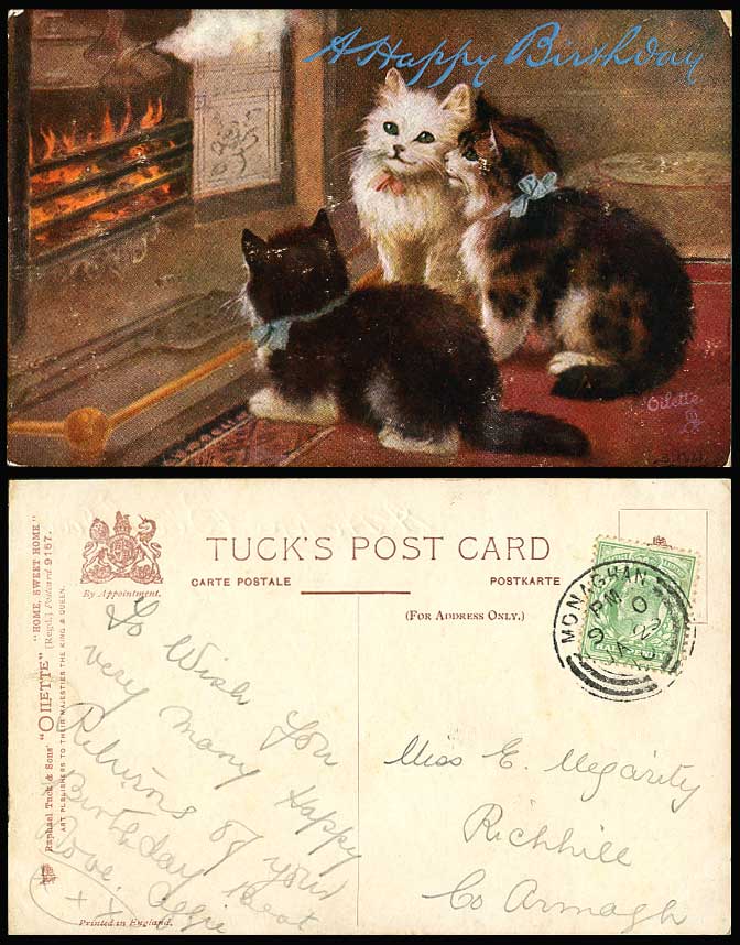 3 Cats Kittens Cat Kitten, Tuck's Oilette Home Sweet Home 1910 Old Postcard Fire