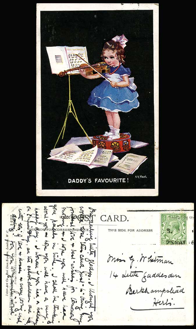 AA Nash Artist Signed, Girl Playing Violin, Daddy's Favourite! 1916 Old Postcard