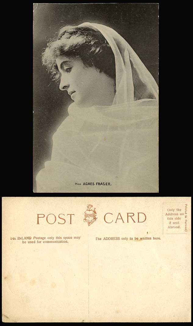 Edwardian Actress Miss AGNES FRASER 1877-1968 Silk Headscarf, Shawl Old Postcard