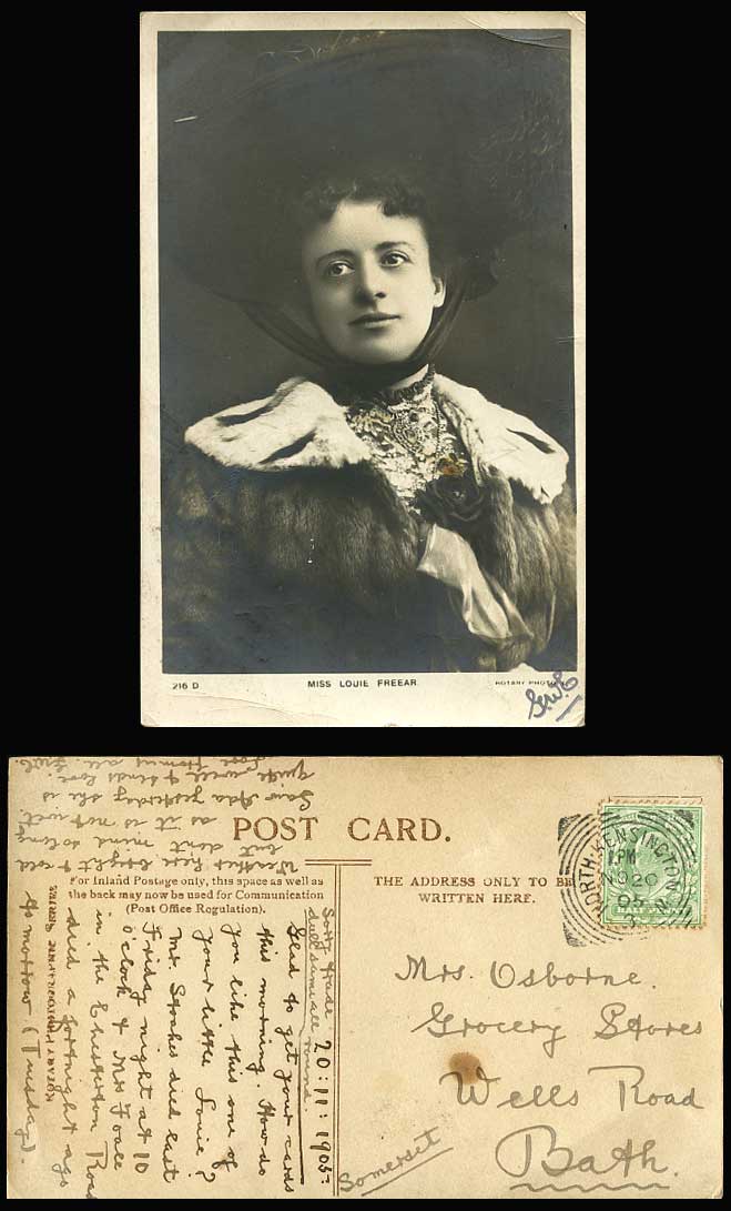Edwardian Actress Miss Louie Freear, Hat Fur & Coat 1905 Old Real Photo Postcard