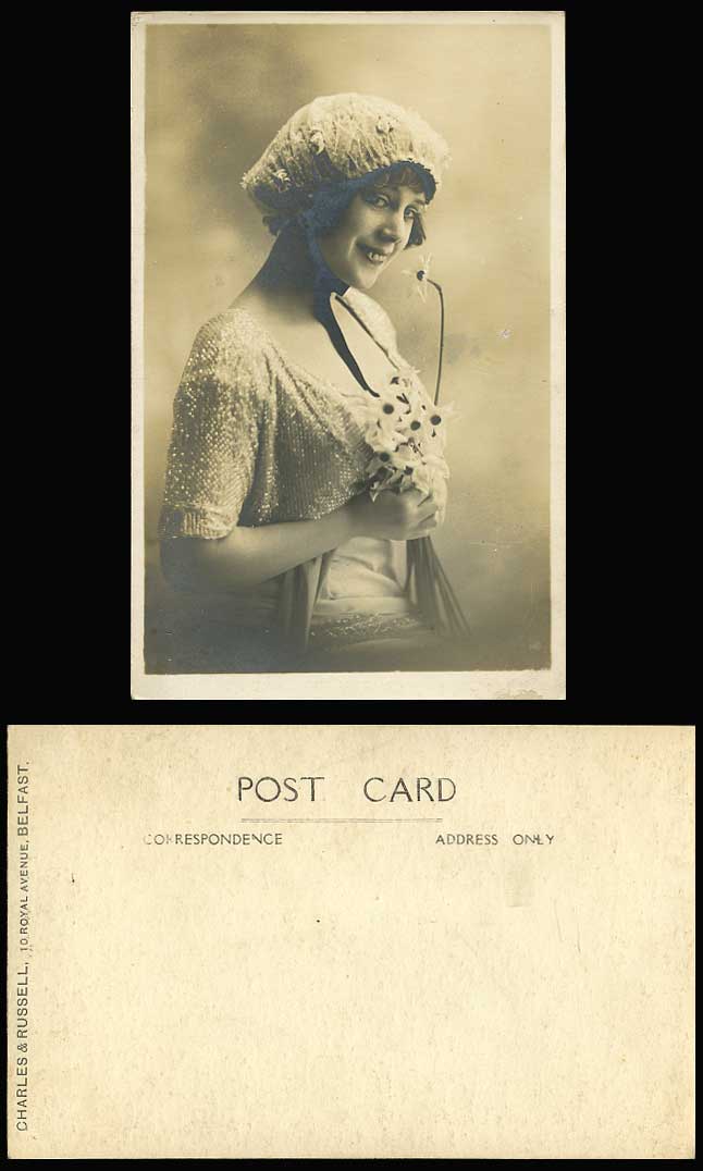 Actress Woman Lady Flowers Old RP Postcard Charles & Russell, Belfast N. Ireland