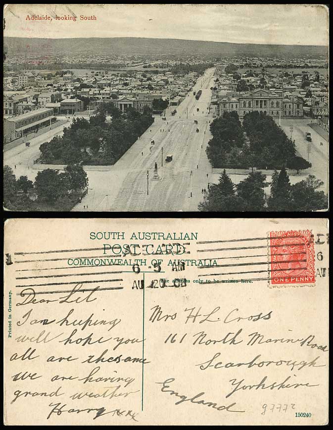 Australia Adelaide Looking South TRAM Street Scene 1908 Old Postcard Harry Lyons