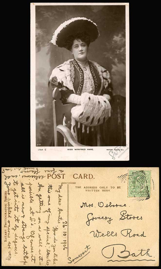 Edwardian Actress Miss Winifred Hare, Muff, Hand Warmer Old Real Photo Postcard