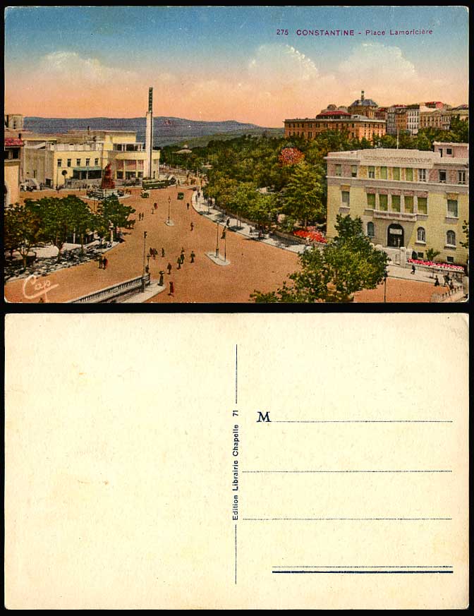Algeria Old Postcard Constantine, Place Lamoriciere Square, Street Scene, Statue