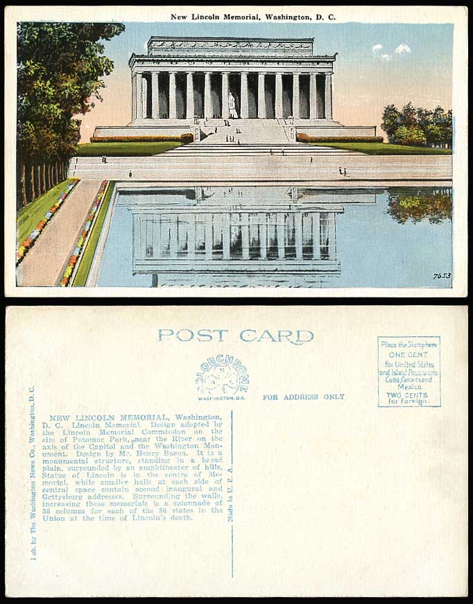 USA Washington D.C. New Lincoln Memorial Potomac Park River Capitol Old Postcard