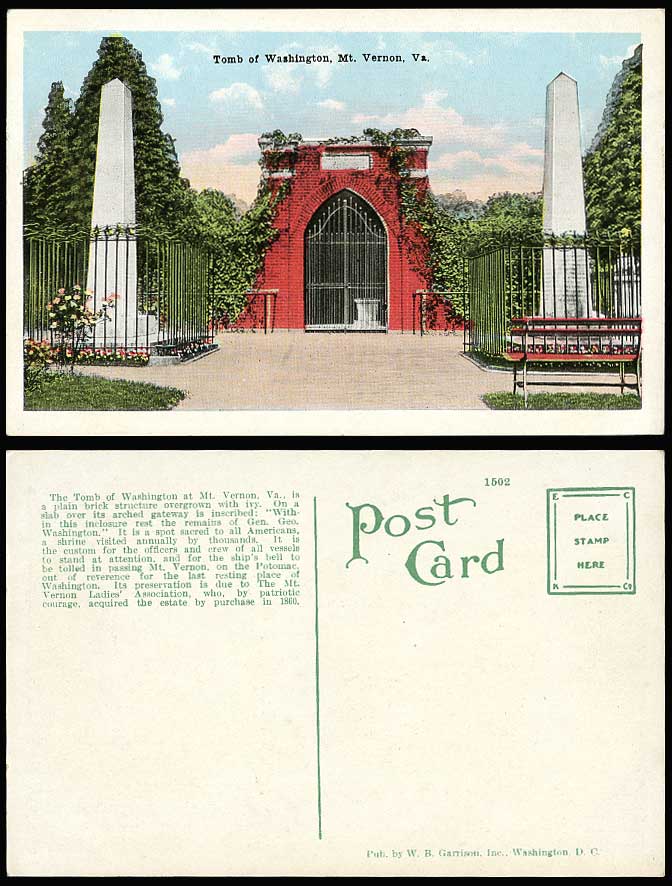 USA Old Postcard Tomb of Washington Mt. Vernon VA Plain Brick Structure with Ivy