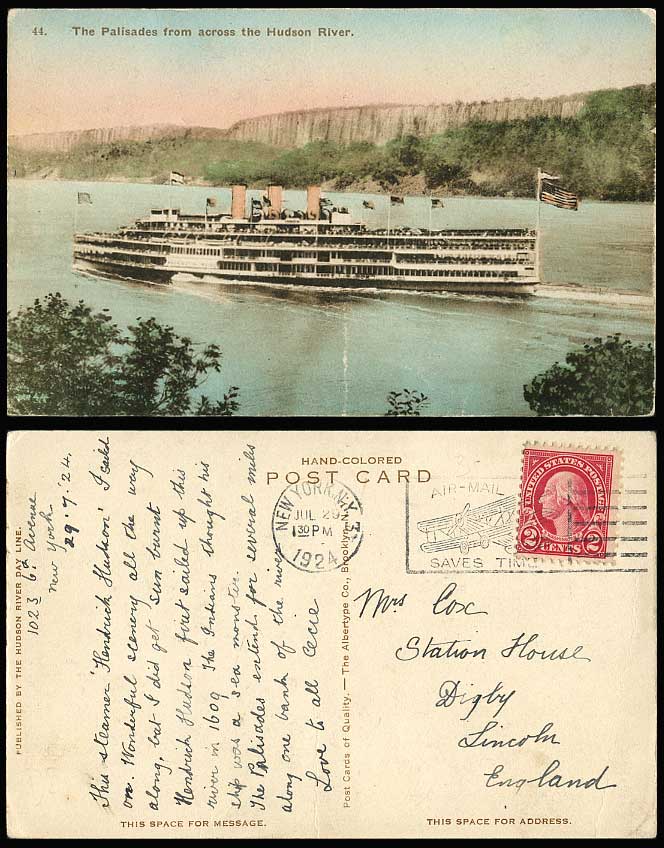 The Palisades from Hudson River Day Line Steamer Ship, Biplane 1924 Old Postcard