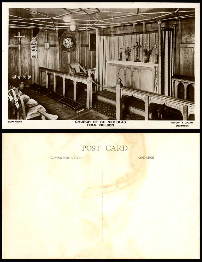 H.M.S. NELSON, Church of St. Nicholas Old Real Photo Postcard Warship Battleship