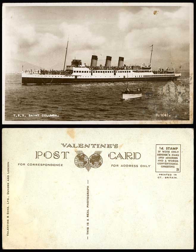 T.S.S. Saint Columba Turbine Steam Ship Steamer Lifeboat Old Real Photo Postcard
