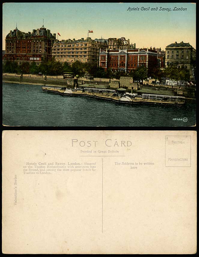 London Old Postcard Hotel Cecil & Savoy Hotels TRAM Thames Embankment Quay Wharf