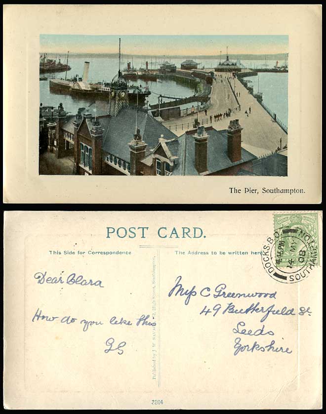 Southampton, THE PIER Paddle Steamer 1908 Old Postcard Harbour Clock Tower Ships