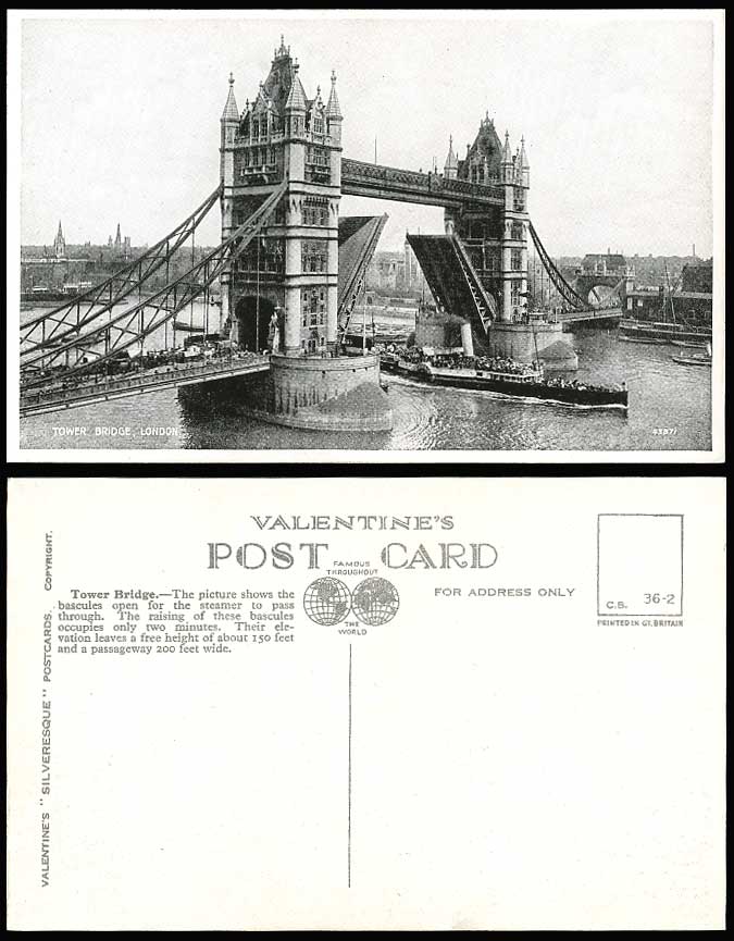 London TOWER BRIDGE OPEN, Paddle Steamer Steam Ship Passing Thames Old Postcard