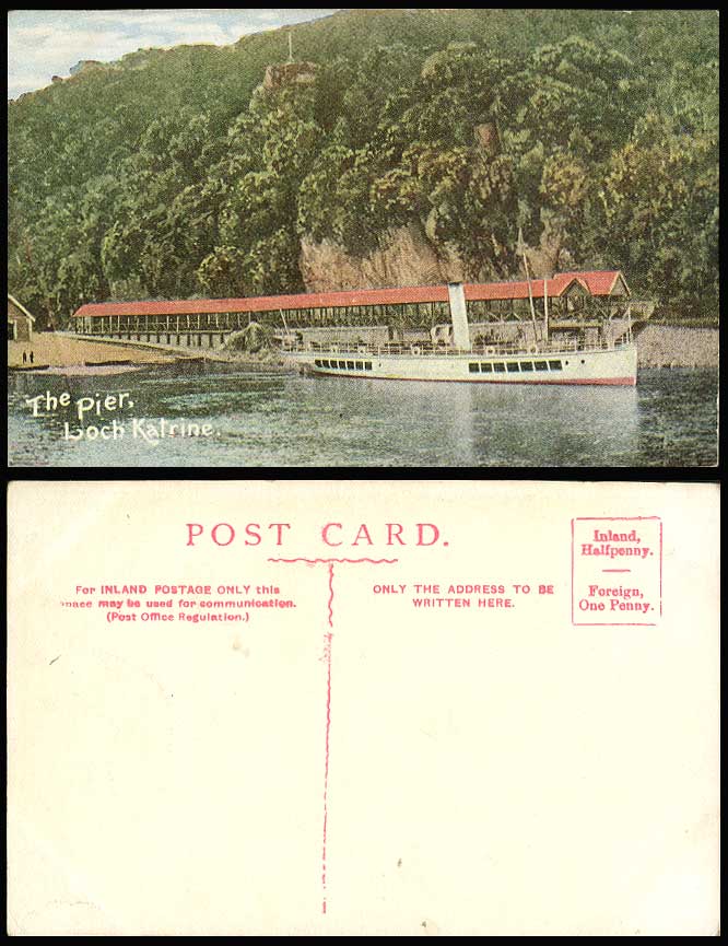 LOCH KATRINE THE PIER Steamboat Boat Shipping Scotland Lake Old Colour Postcard
