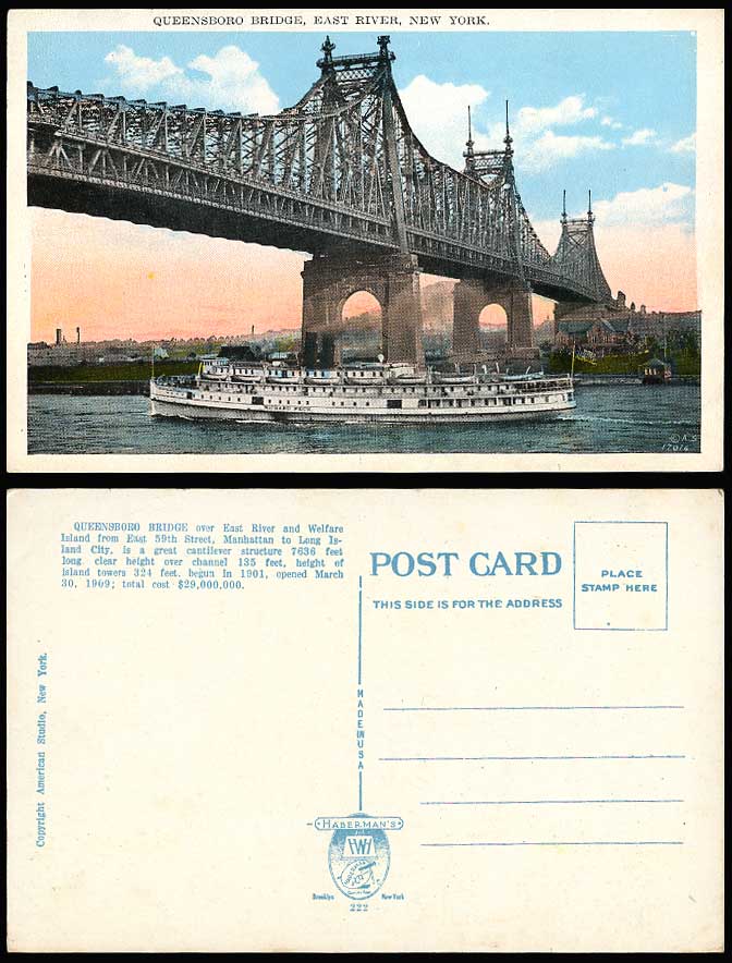USA Old Postcard Queensboro Bridge East River New York Welfare Island Steam Ship