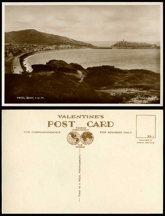 Isle of Man Old Real Photo Postcard PEEL BAY, Seaside Panorama Hills Peel Castle