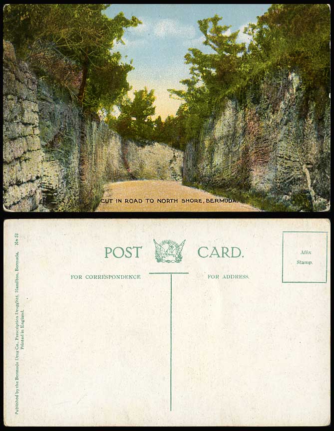 Bermuda Old Colour Postcard Cut in Road to North Shore, Bermuda Drug Co. No. 52