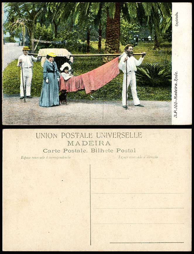 Portugal Old Postcard Madeira Rede, DOG, Girl on Portuguese Sedan Chair Hamomock