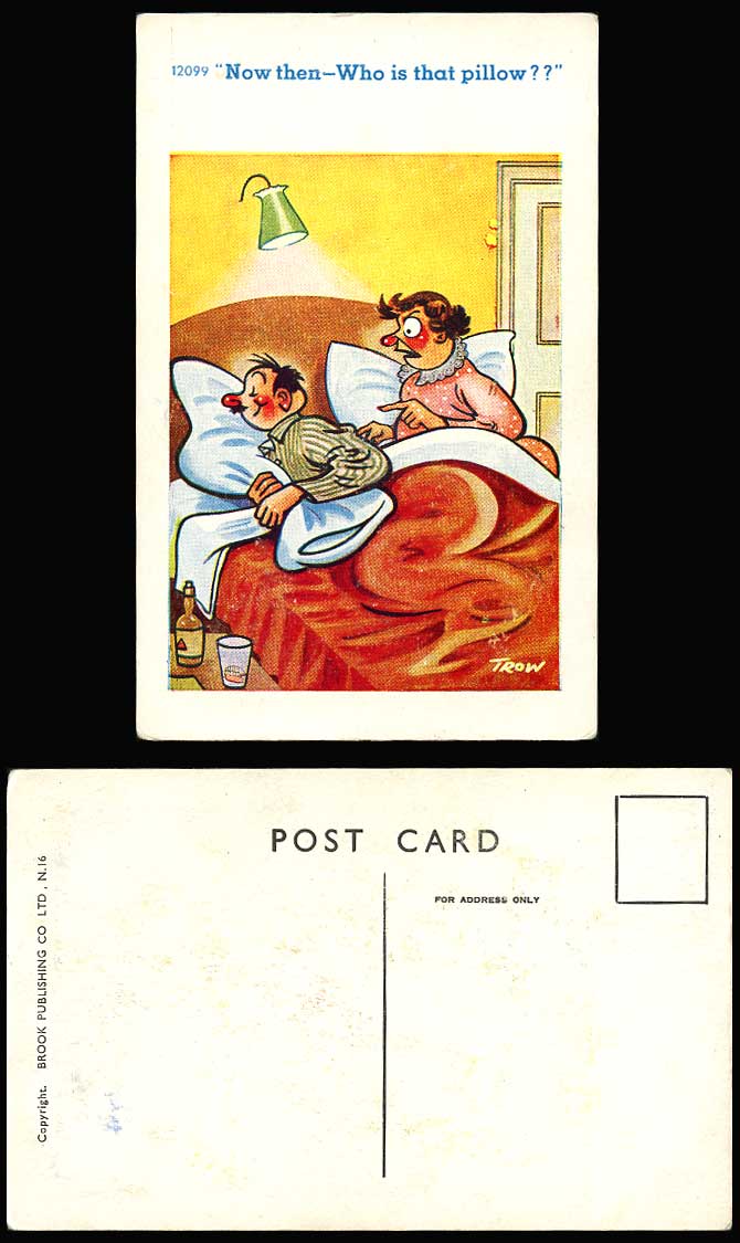 TROW Old Postcard Now Then - Whos is That Pillow? Drunk Man & Woman Comic Humour