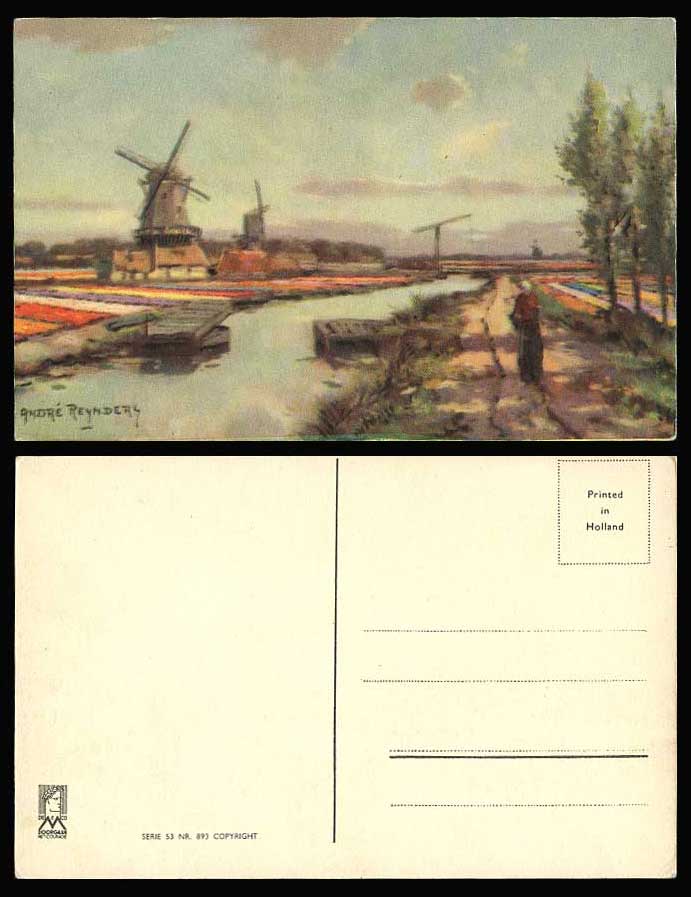 Andre Reynders Artist Signed Old Postcard WINDMILL Flower Beds, Canal, Windmills