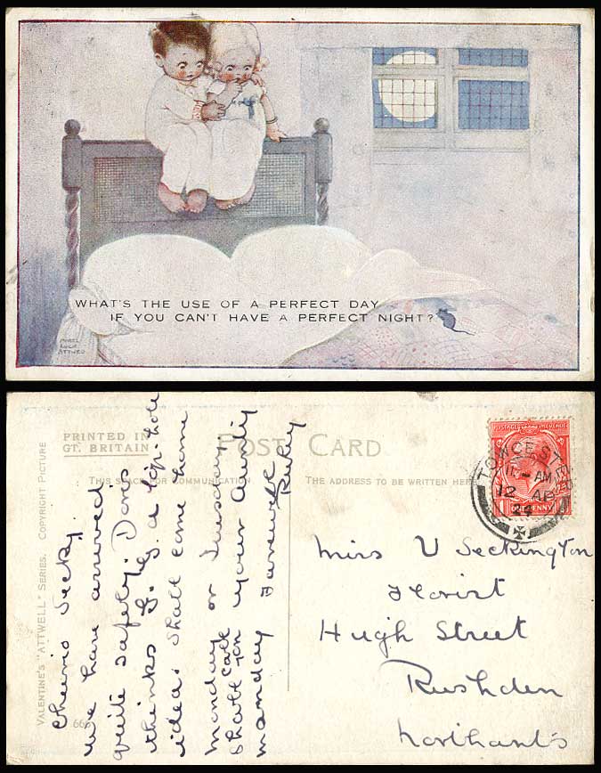 MABEL LUCIE ATTWELL 1924 Old Postcard A Mouse Rat on Bed Perfect Day & Night 666