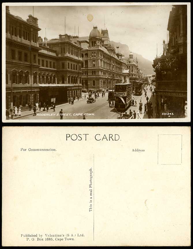 South Africa Cape Town Old Postcard Adderley Street Scene TRAM Grand Hotel & Car