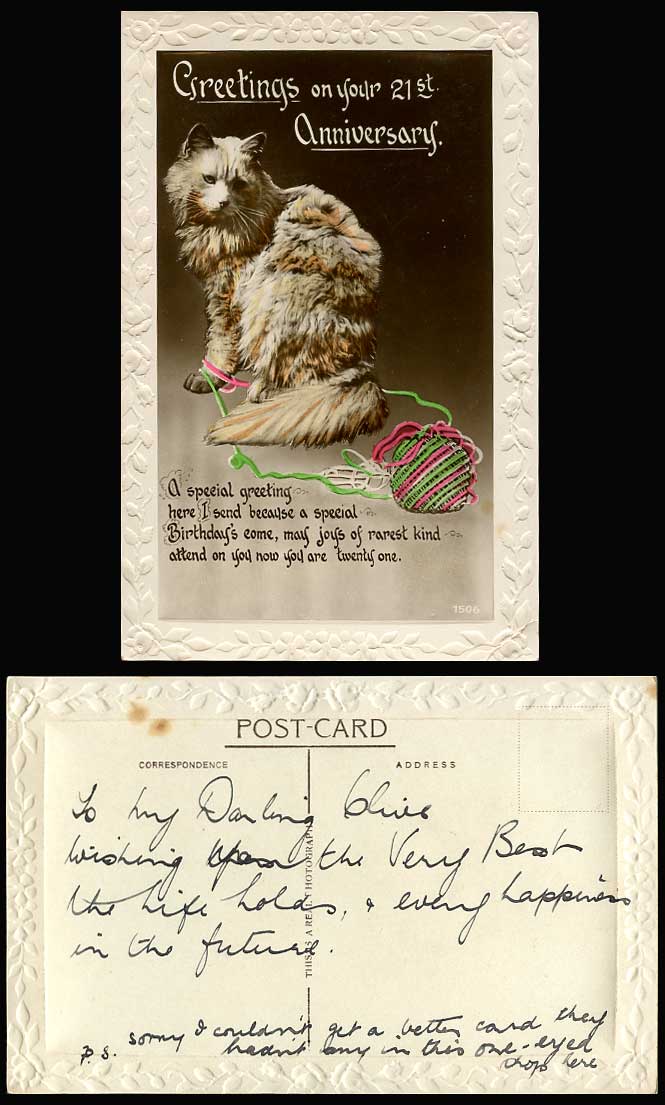 Persian Cat Knitting Wool Woolen Yarn Greetings on 21st Anniversary Old Postcard