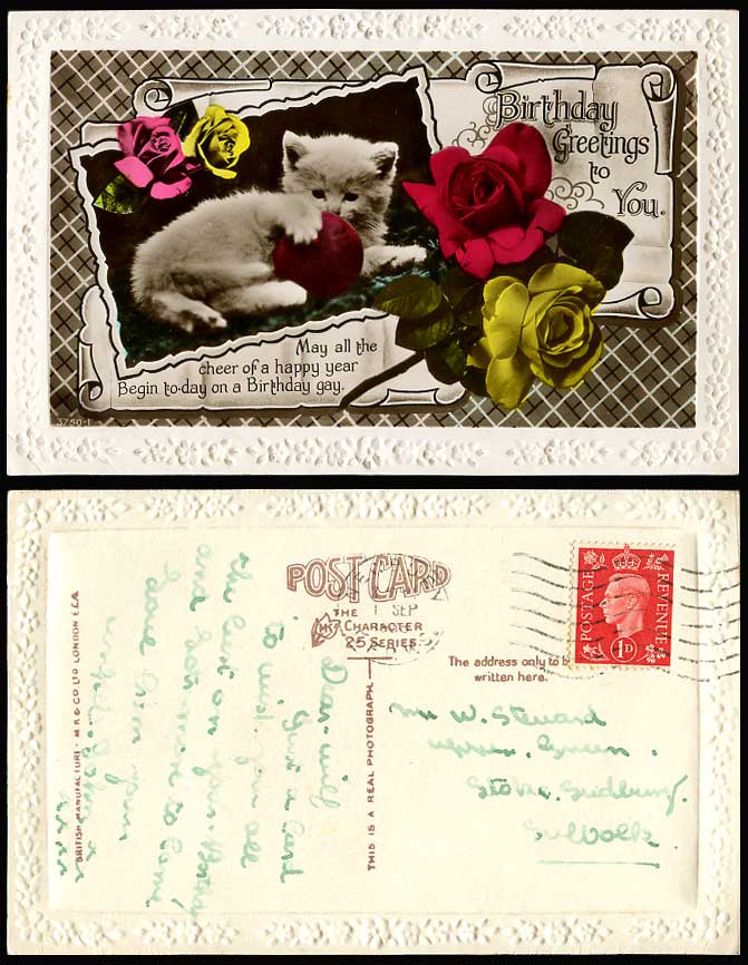 Cat Kitten with Red Ball Roses Rose Flowers Birthday Greetings 1938 Old Postcard