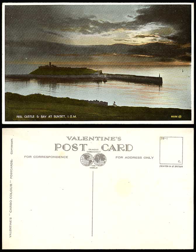 Isle of Man Peel Castle & Bay at Sunset Harbour Boats I.O.M. Old Colour Postcard