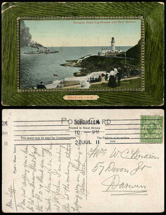 I.O.M. 1911 Postcard Port Skillion Douglas Head Lighthouse Empress Queen Steamer