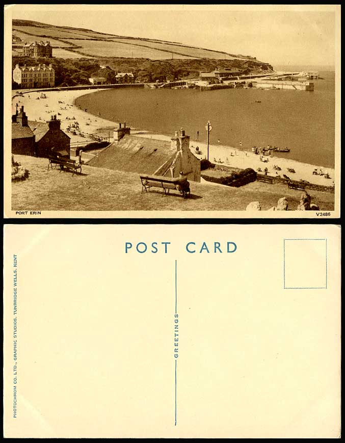 Isle of Man Port Erin, Beach Lighthouse Jetty Pier Seaside Panorama Old Postcard