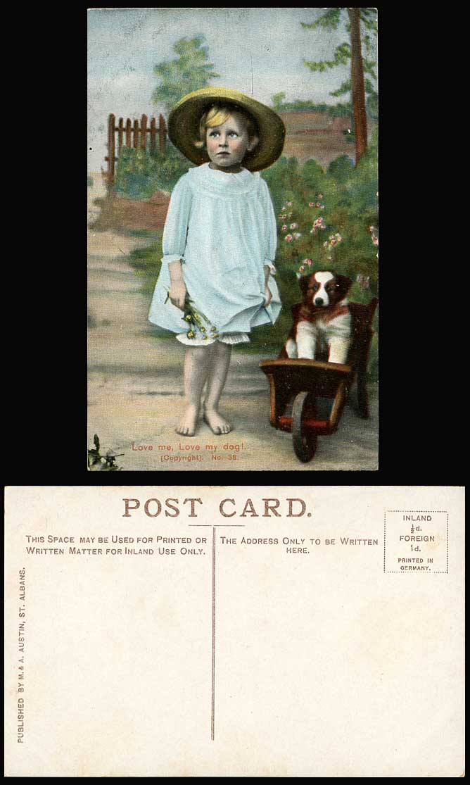 Puppy on Wheelbarrow Little Girl LOVE ME LOVE MY DOG Children Old Color Postcard