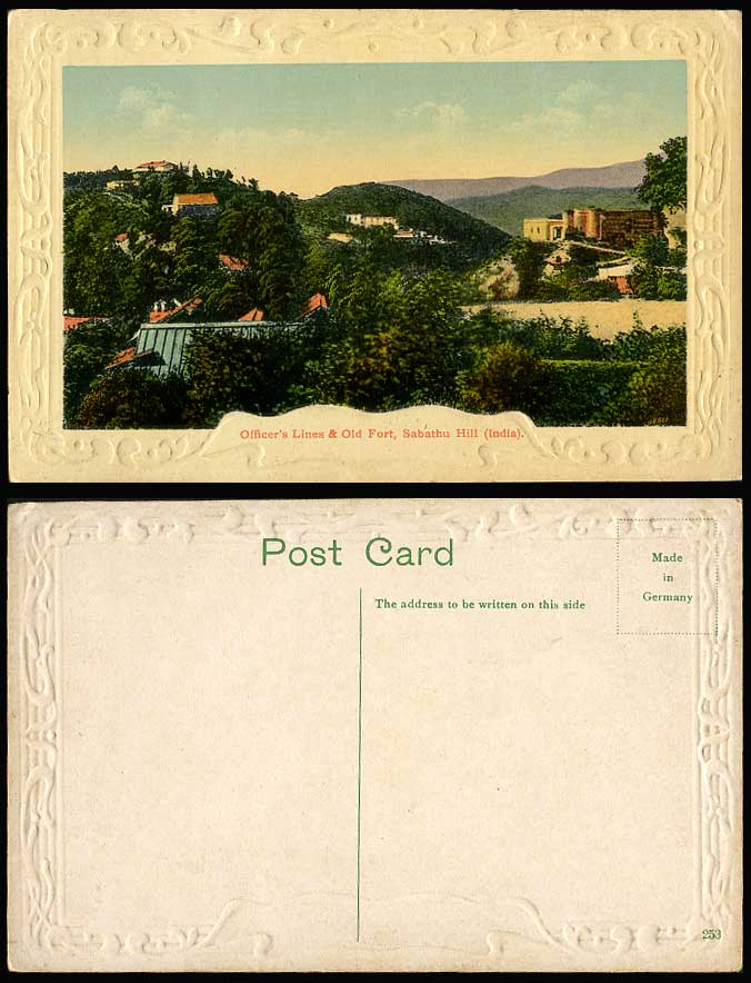 India Old Colour Postcard Officer's Lines & Old Fort Sabathu Hill Embossed Hills