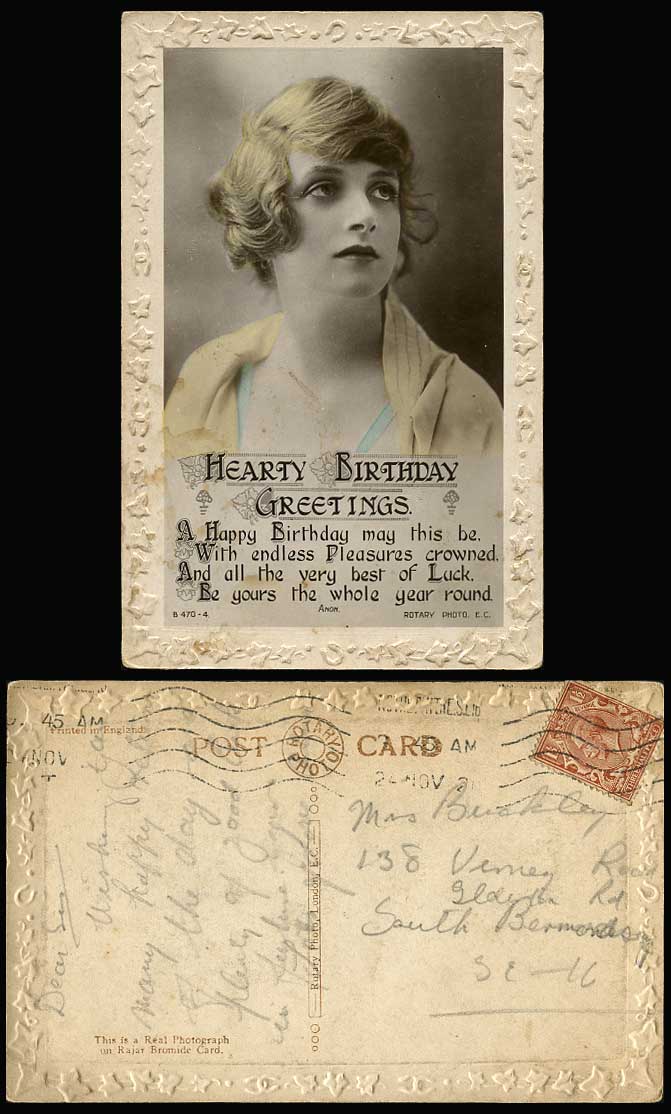 Actress GLADYS COOPER Hearty Birthday Greetings Woman 1921 Old Embossed Postcard