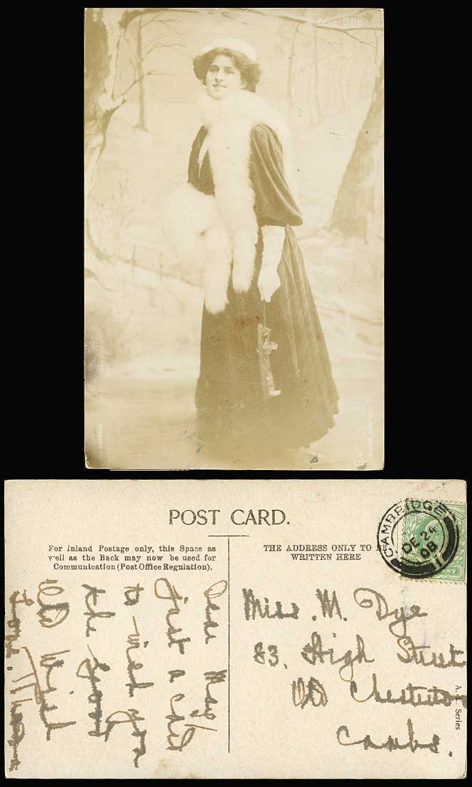 Edwardian Actress Miss ZENA DARE Fur Scarf Muff Hat 1908 Old Real Photo Postcard