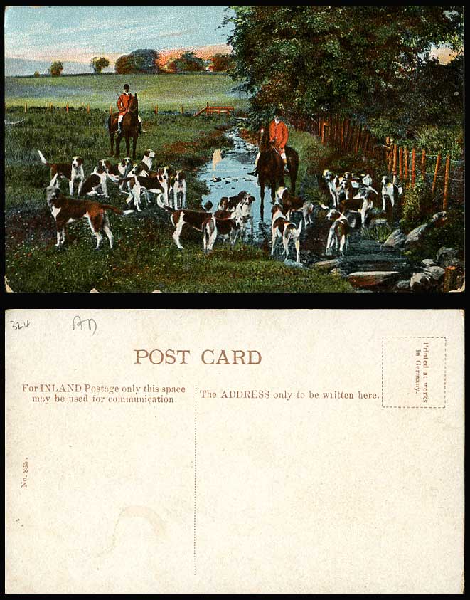 Foxhounds Dogs Fox Hunting Horse Riders Hunters River Stream Old Colour Postcard