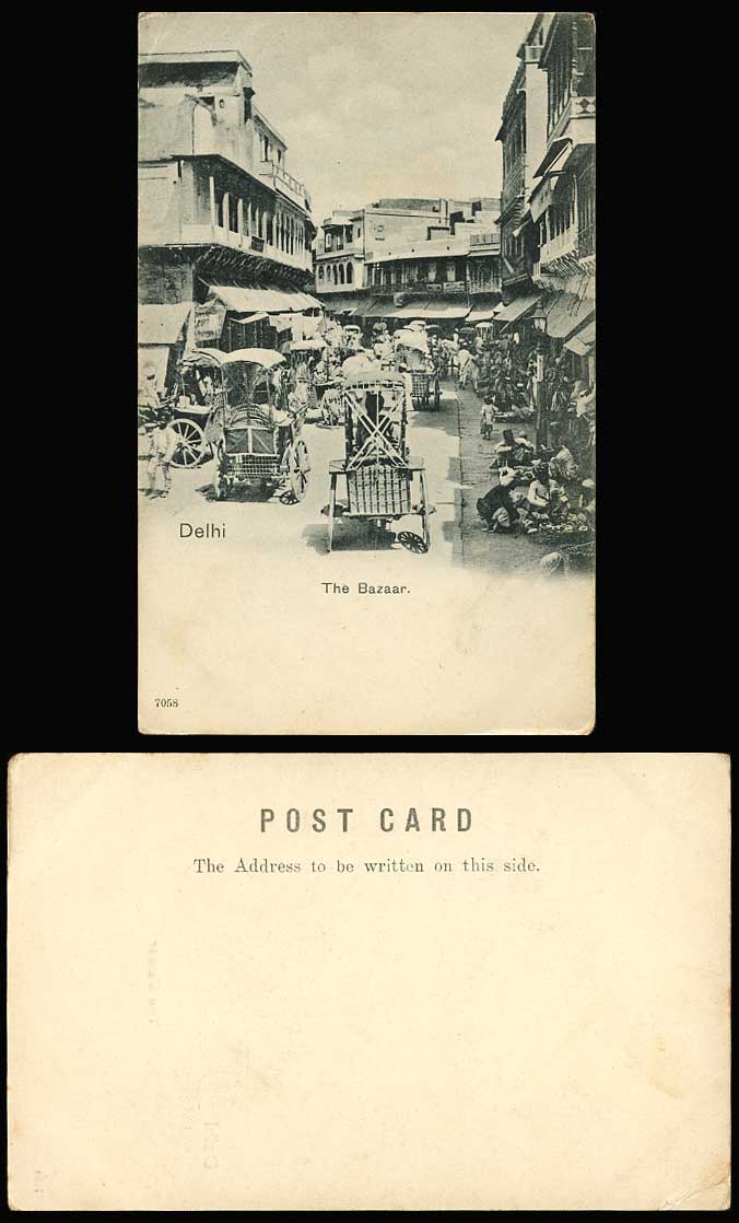 India Old Postcard The Bazaar Bazar Native Market Street Scene DELHI Cart Seller