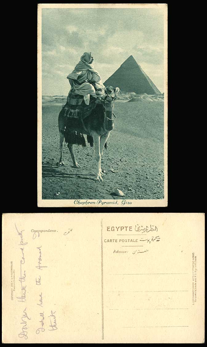 Egypt Old Postcard Khafre Chephren Pyramid Giza, Native Camel Rider Desert Cairo