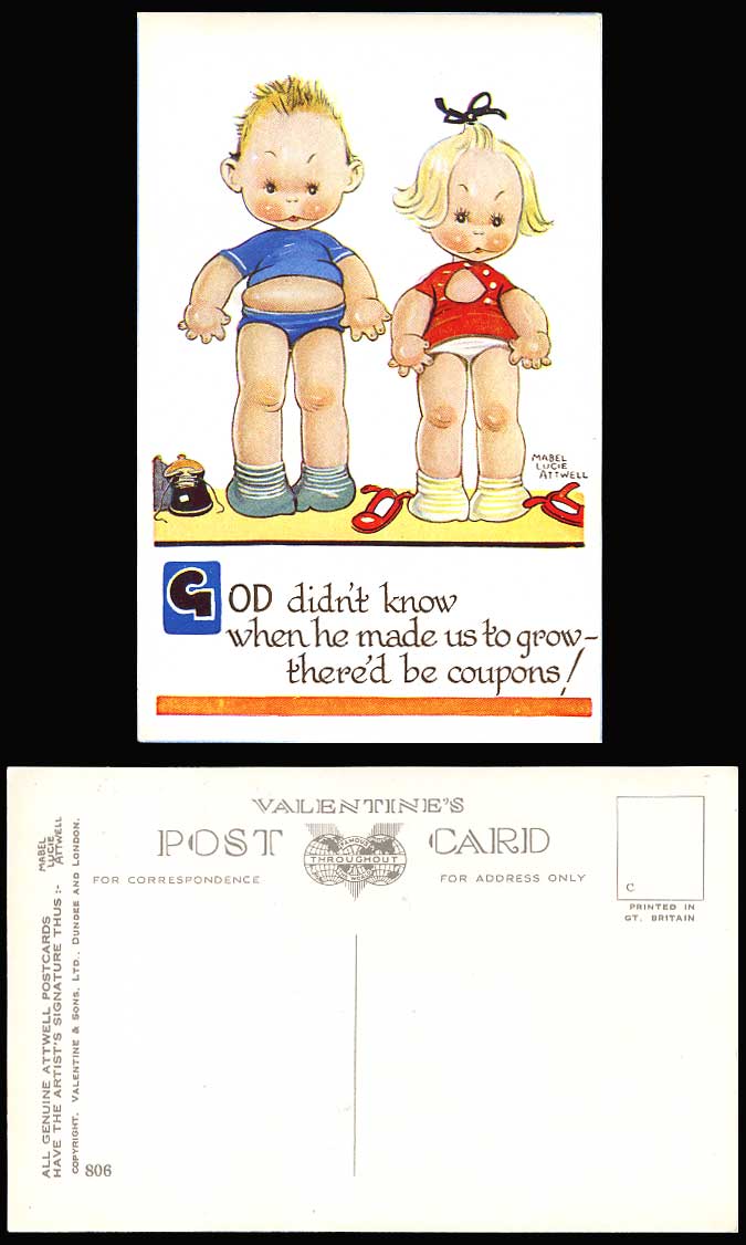 MABEL LUCIE ATTWELL Old Postcard Love Handles When God Made Us Grow, Coupons 806
