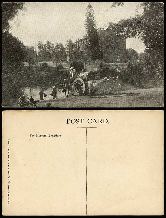 India Old Postcard Cubbon Park Museum, Bangalore, Bullock Cart Men Drawing Water